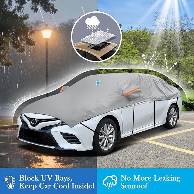 Half Car Cover for SUV M, Heavy Duty Roof & Windshield Top Cover with Cotton Liner, All Weather Half Cover Shield Against Hail, Snow, Sun, Rain and Scratches, Fits Most M Size SUVs