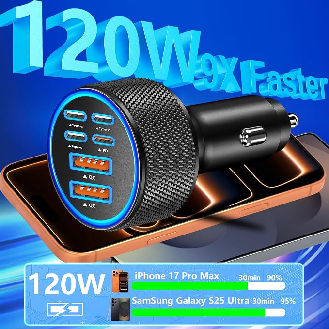 [Apple MFi Certified] iPhone 17 Car Charger, 6-Port 120W USB-C&USB-A Power Cigarette Lighter PD/QC Multiport Fast Car Charger + Type-C Braided Cord for iPhone 17 Pro/16/15/Galaxy S26/S25/Pixel