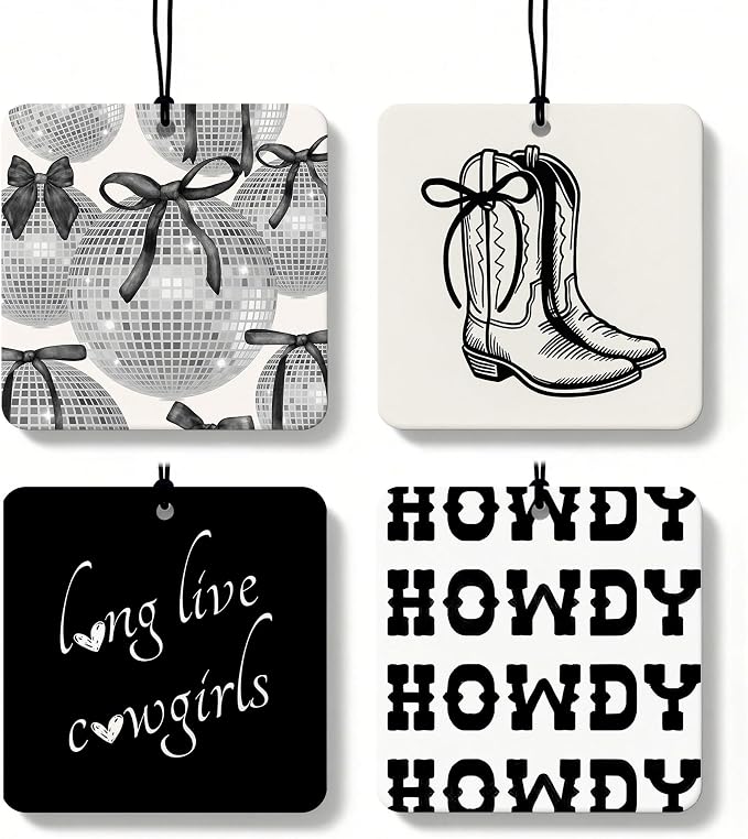 Black Coquette Western Orange Car Air Freshener 4 Pcs, Long Live Cowgirls Disco Ball Square Hanging Air Freshener for Closet Drawer Books, Girly Western Car Accessories Mirror Decor for Women