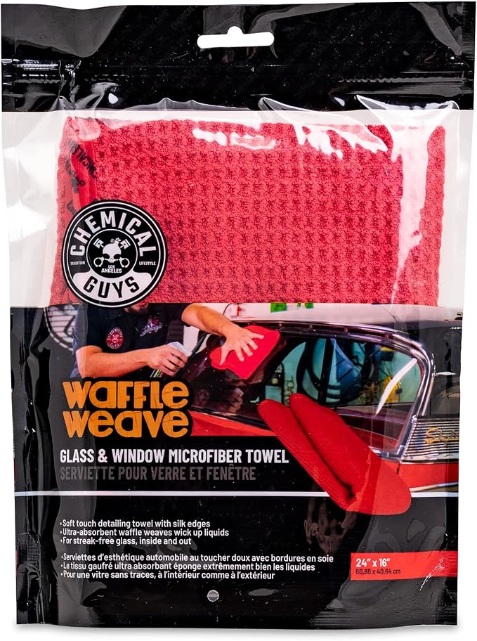Waffle Weave Glass & Window Microfiber Towel - Red 24 x16 Inch Scratch-Free Detailing Cloth for Cars, Trucks, SUVs & Home, Streak-Free Cleaning for Glass, Mirrors & Windows