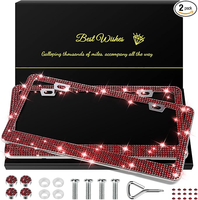 2 Pack Bling License Plate Frames for Women, Sparkly Rhinestone Diamond Car Accessories with Glitter Crystal Caps (Burgundy)