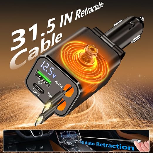 [Apple MFi Certified] Retractable Car Charger USB C, 120W USB C Car Charger 4 in 1 PD/QC Type C Fast Charge Cigarette Lighter Adapter for iPhone 17/17 Pro Max/16 Pro/15/Galaxy S26/S25/Pixel