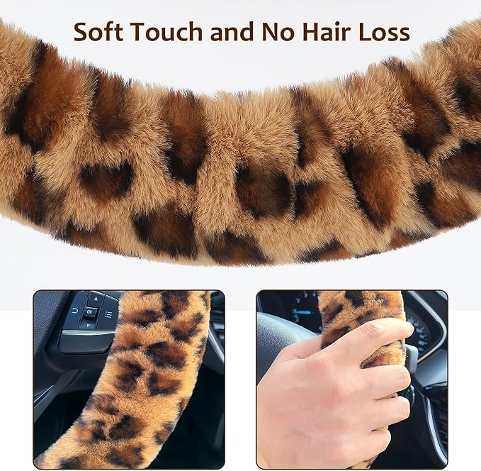 Fuzzy Car Steering Wheel Cover, Universal Fit Fur Auto Wheel Cover & Handbrake Cover & Gear Shift Cover Set, Anti-Slip Leopard Warm Fluffy Vehicle Wheel Protector Car Accessories for Men Women