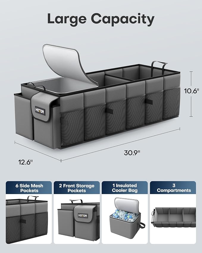 Trunk Organizer, Sturdy Foldable with Cooler for Car & SUV, 3 Compartments, Grey, 30.90”×12.60”×10.63”