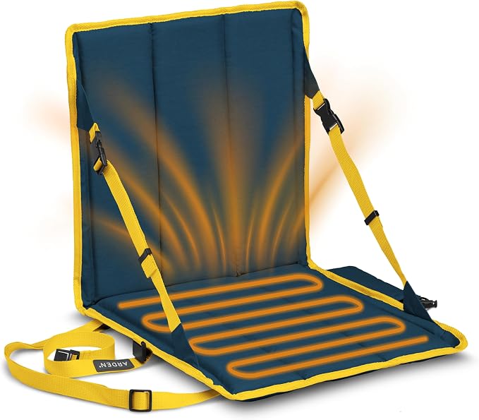Heated Stadium Seat, Foldable, Lightweight with Carrying Strap, Foam Cushion for Comfort, Adjustable, Back Support, Multi-Functional Use As Stadium Seat or Seat Pad, Navy/Yellow