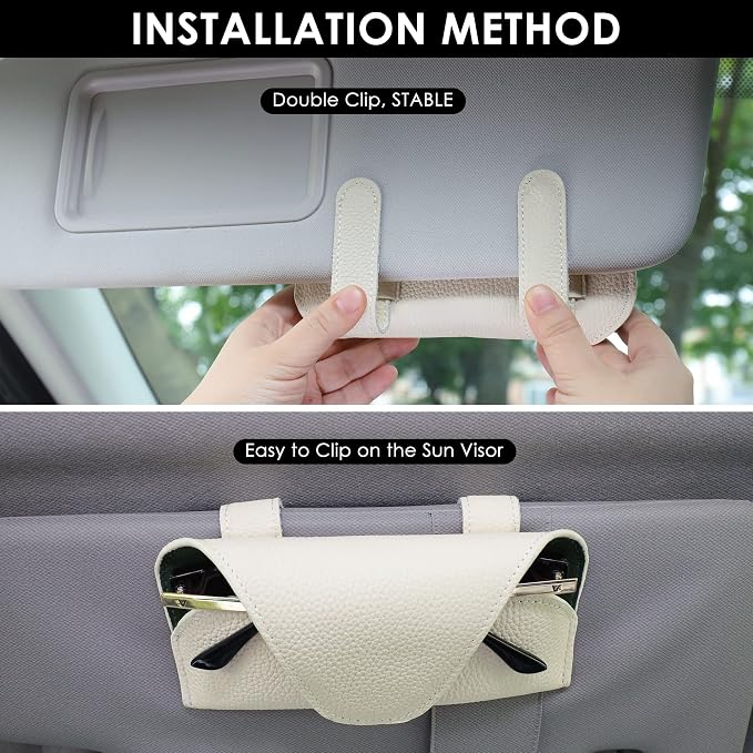 Magnetic Sunglass Holder for Car Visor, Leather Car Glasses Holder | Beige Visor Accessories Eyeglasses Holder Glasses Storage Case