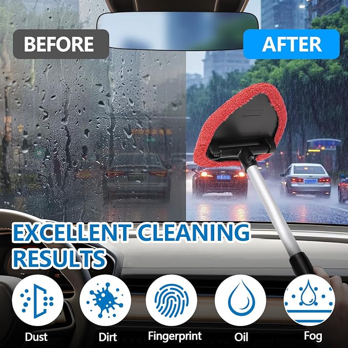 Car Windshield Cleaning Tool, Car Windshield Window Cleaner, Auto Window Glass Cleaning Kit with Extendable Handle & Reusable Microfiber Pad & Spray Bottle, Universal Car Accessories (Red)