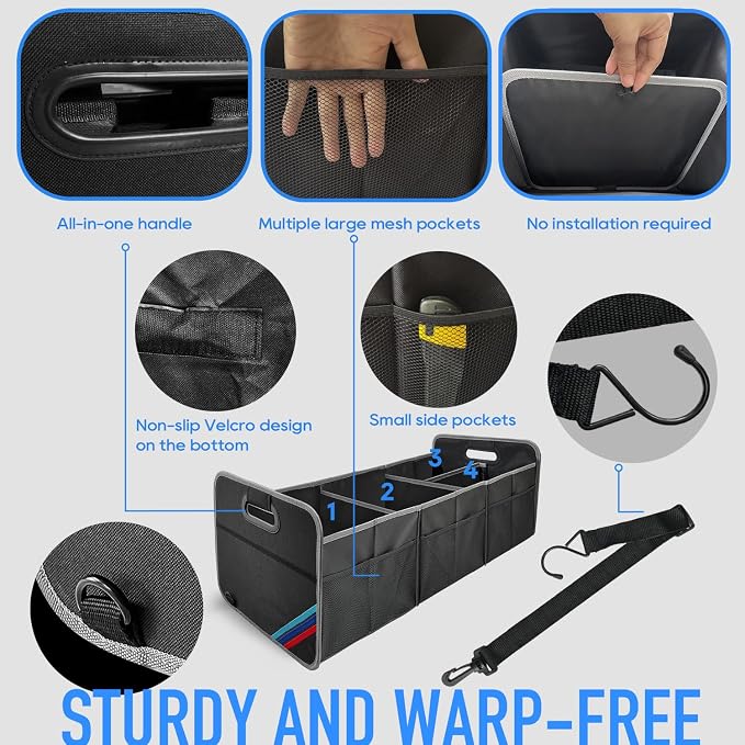 XL Car Trunk Organizer, 4 Compartments, 94L Capacity, Oxford Polyester 600D Material, Easy Fold and Store, Prevents Sliding | Rugged & waterproof large storage box. Features 94L capacity, 6 large mesh pockets & non-slip base for SUV, garage, camping