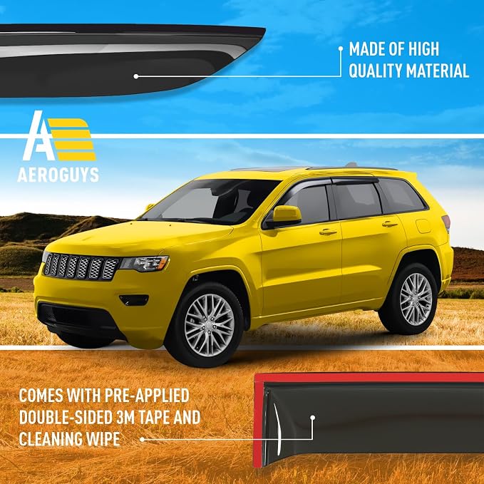 Extra Durable Window Deflectors Tape-On Window Visors Rain Guards Fit for Jeep Grand Cherokee 2011-2021, Sun Visors, Wind Vent for Shades, Exterior Car Accessories - 4pcs. AG0081