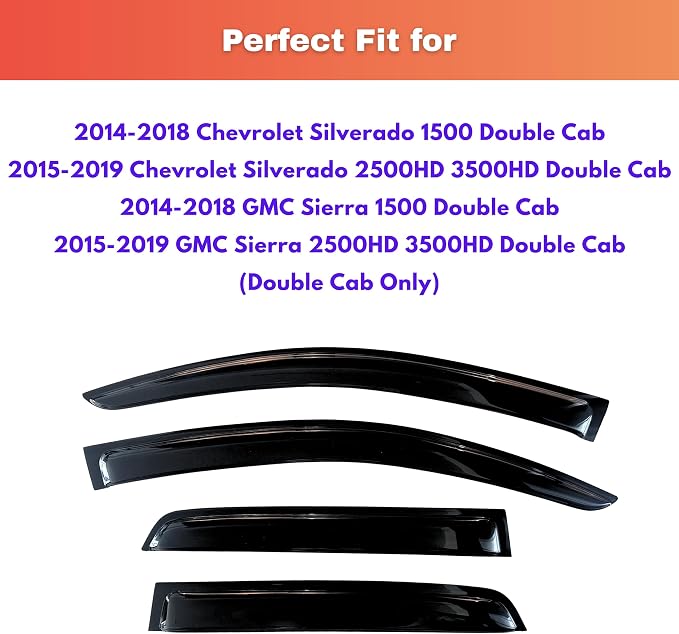 KPY Rain Guards for 2014-2018 Chevrolet Silverado/GMC Sierra 1500 Double Cab, Out-Channel Window Visor Vent Deflector, Truck Accessories for 2015-2019 Chevy Silverado/Sierra 2500HD 3500HD Extended Cab