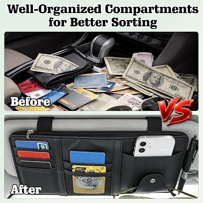 Black Car Sun Visor Organizer, 1-Pack Multi-Pocket Auto Storage Pouch for SUV and Truck, PU Leather Visor Holder with Zipper Pocket, Card Slots, Pen Loop, Sunglasses and Key Storage