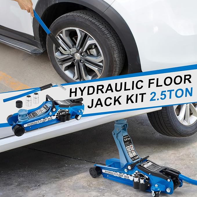 Floor Jack Kit 2.5 Ton (5,500 lbs) | Car Jack - Hydraulic Low Profile Trolley Jack - Tire Tool for SUV and Auto with Lug Wrench Blue