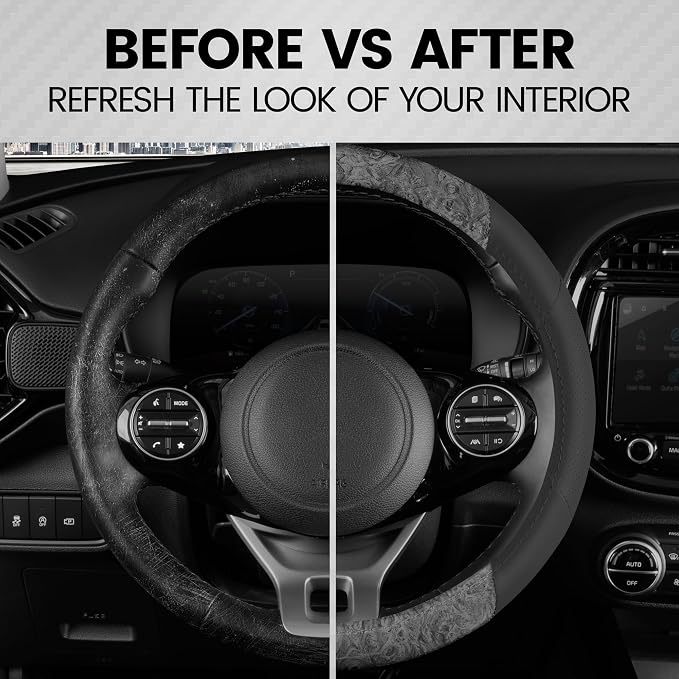 BurlwoodLux Wood Grain and PU Leather Gray Steering Wheel Cover - Sport Grip for Car Auto SUV Trucks