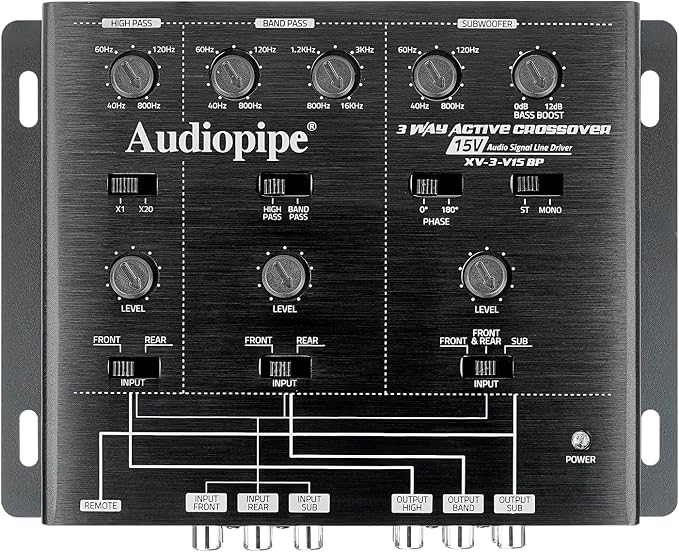 3-Way Active Crossover with Bandpass Filter (XV-3-V15BP), Multiplier Switch, Compact, Power LED Indicator, Subwoofer Bass Boost, Custom Installation, Remote Bass Knob