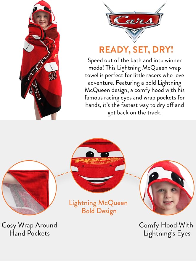 Cars Boys Towel, Lightning McQueen Swimming Towels for Kids, Wearable Bath Towels, Wrap Beach Towel, Red One Size