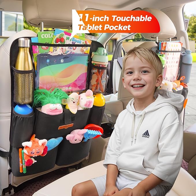 Car Organizers and Storage, Upgraded Car Seat Organizer with 11-inch Touch Screen Tablet Holder, Backseat Car Organizer with 8 Pockets, Car Seat Protector Road Trip Essentials for Kids