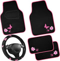 Embroidery Butterfly Steering Wheel Cover and Waterproof Car Floor Mats,Pink Car Mats 14.5-15inch Steering Wheel Covers Universal Fit for Cars, Suvs,Sedans,Van,for Women Girl(Black and Pink)