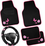 Embroidery Butterfly Steering Wheel Cover and Waterproof Car Floor Mats,Pink Car Mats 14.5-15inch Steering Wheel Covers Universal Fit for Cars, Suvs,Sedans,Van,for Women Girl(Black and Pink)