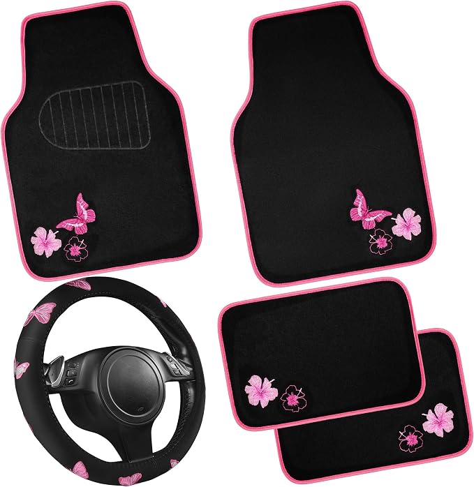 Embroidery Butterfly Steering Wheel Cover and Waterproof Car Floor Mats,Pink Car Mats 14.5-15inch Steering Wheel Covers Universal Fit for Cars, Suvs,Sedans,Van,for Women Girl(Black and Pink)