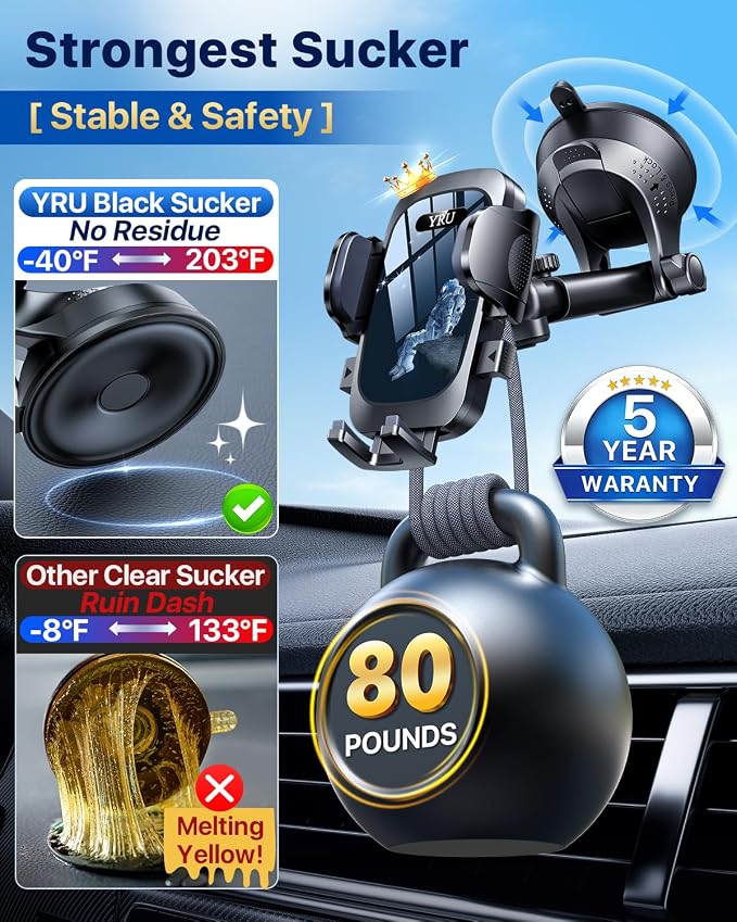 YRU [True Upgrade for Safety Car Phone Holder Mount [Patent & Military-Grade] Dashboard Cell Phone Holder for Car Vent Windshield Phone Stand for iPhone 17 16 15 14 Pro Max Truck Samsung, Black Blue