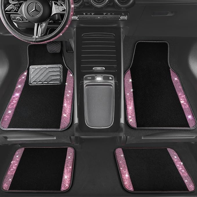 Bling Diamond Leather Steering Wheel Cover 14.5in-15in Floor Mats Shining Rhinestone Carpet Sparkly Glitter Crystal Anti-Slip Pad Fit Automotive SUV Pickup Truck Girl Women, 5pcs Black Pink
