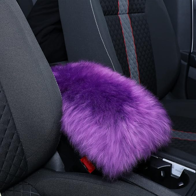 Furry Armrest Cover Auto Center Console Cover Car Soft Console Pad, Real Sheepskin Wool Soft Fluffy Auto Center Armrest Pad for Most Car Decoration Protector(Purple)