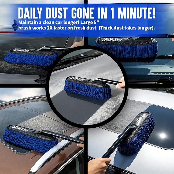 Car Duster Exterior - 25" Wood Handle | Wax Cotton Hair Scratch Free Cleaning for Cars/SUV/Truck/RV Roofs & Windshields | Waterless Dust & Pollen Remover