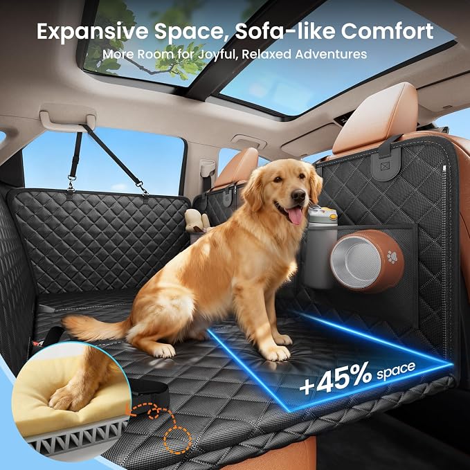 2.0 Hard Bottom Back Seat Extender for Heavy-Duty Dogs, Dog Car Seat Cover with Cushion Sponge, Waterproof Dog Hammock with Mesh Window for Car, Universal Fits for SUV/Small Truck, L, Black