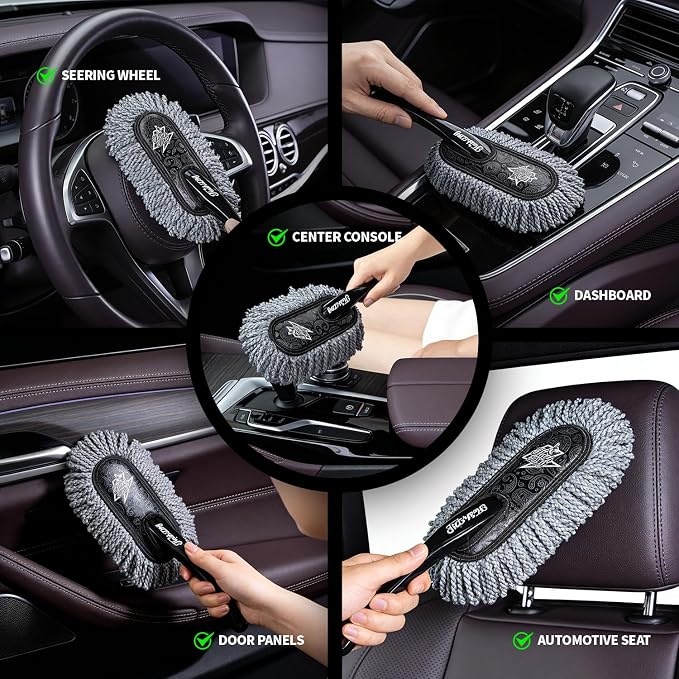 Car Duster Exterior - 25" Wood Handle | Wax Cotton Hair Scratch Free Cleaning for Cars/SUV/Truck/RV Roofs & Windshields | Waterless Dust & Pollen Remover