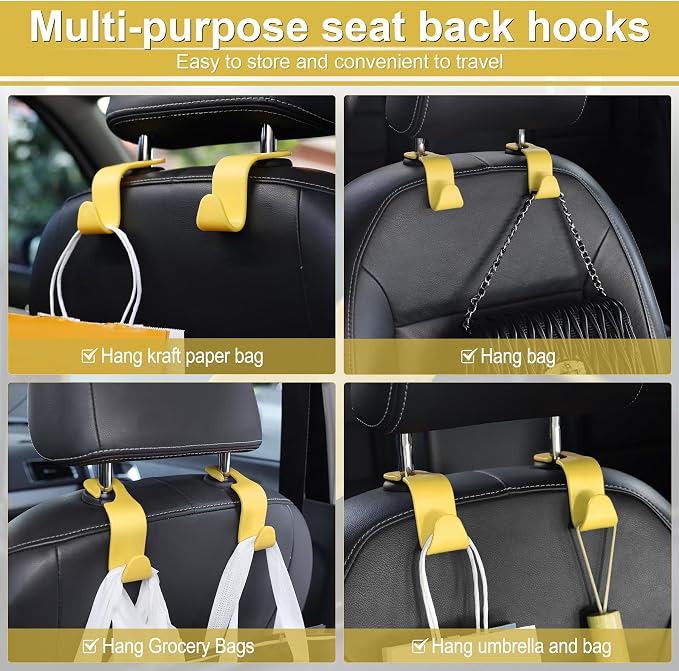 Car Seat Headrest Hook, Car Headrest Hidden Hook, 4 Pack Universal Auto Car Back Seat Hook Organizer for Purse Coat, Car Interior Accessories (Yellow)