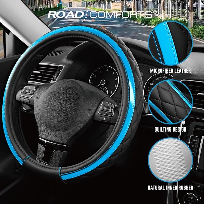 Leather Steering Wheel Cover – Black & Blue, Universal Fit 14.5-15 Inch, Microfiber Leather, Anti-Slip & Breathable Design for Men and Women