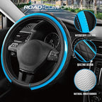 Leather Steering Wheel Cover – Black & Blue, Universal Fit 14.5-15 Inch, Microfiber Leather, Anti-Slip & Breathable Design for Men and Women