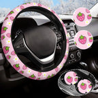 Cute Strawberry Steering Wheel Cover Anti-Slip and Practical 14.5-15 Inch Universal Steering Wheel Cover with 2 Pieces Car Coasters Suitable for Men Women