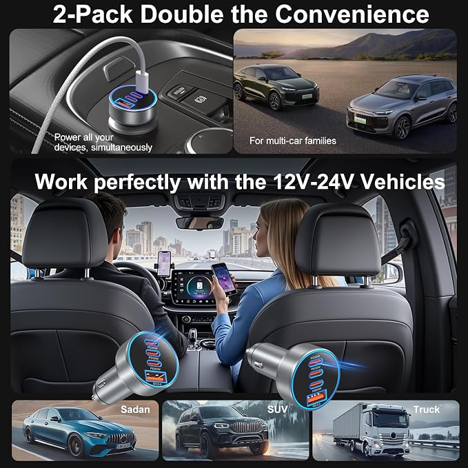 Car Charger USB C, 2Pack 98W 4-Port USB C Car Charger Fast Charging,4 in 1 Cigarette Lighter USB Charger for Multiple Devices,Dual 30W Type C Car Charger Adapter for iPhone 17/16/15 Pro Max,Galaxy