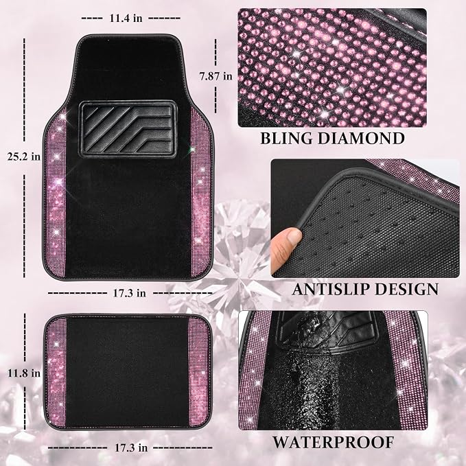 Bling Diamond Leather Steering Wheel Cover 14.5in-15in Floor Mats Shining Rhinestone Carpet Sparkly Glitter Crystal Anti-Slip Pad Fit Automotive SUV Pickup Truck Girl Women, 5pcs Black Pink