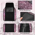 Bling Diamond Leather Steering Wheel Cover 14.5in-15in Floor Mats Shining Rhinestone Carpet Sparkly Glitter Crystal Anti-Slip Pad Fit Automotive SUV Pickup Truck Girl Women, 5pcs Black Pink