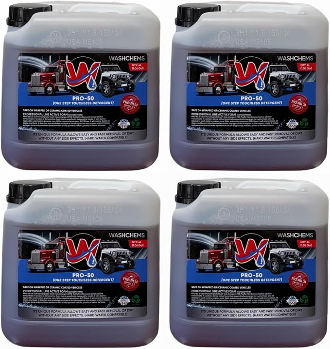 Pro 50 Touchless One Step Car Wash Detergent Soap Concentrate No Brushing, Commercial Grade Professional Auto Foam Cleaner Also Great for Trucks & Tractors (4, 1 gallon)
