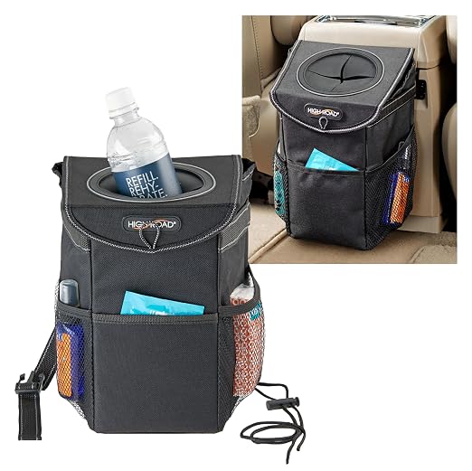 StashAway Heavy Duty Car Trash Can with Rubber Lid, 3 Storage Pockets and Sturdy Panels for Stable Floor or Hanging Seatback Use (Black)