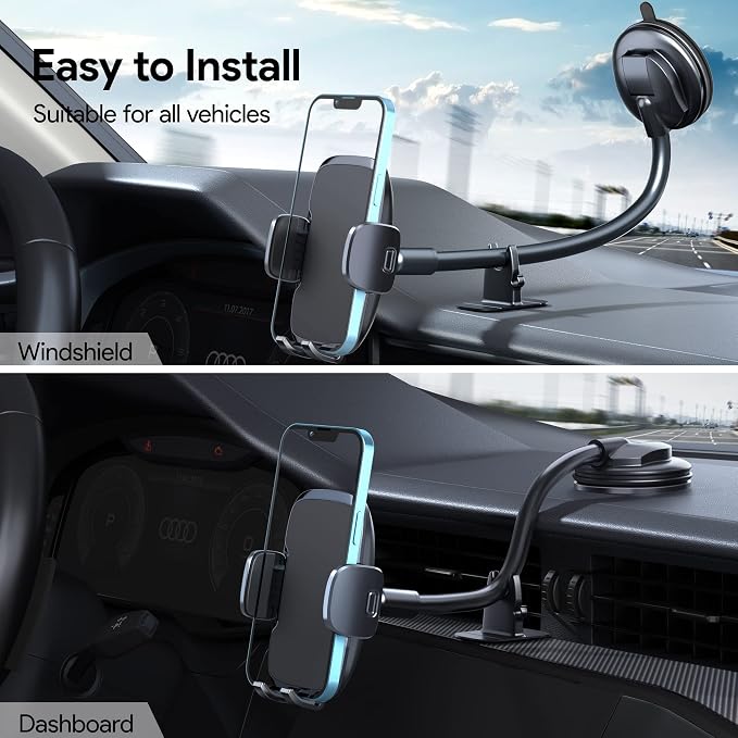 Phone Mount for Car [6.2in Flexible Arm] Cell Phone Holder for Windshield Dashboard [Washable Strong Suction] Automotive Accessories Car Mount for iPhone Android Smartphone Universal Cradles
