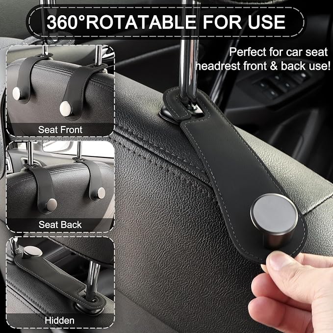 Leather Car Seat Storage Hanger, 2 Pack, Stylish Seat Organizer Hooks for Purses, Bags, Coats, Umbrellas, Black