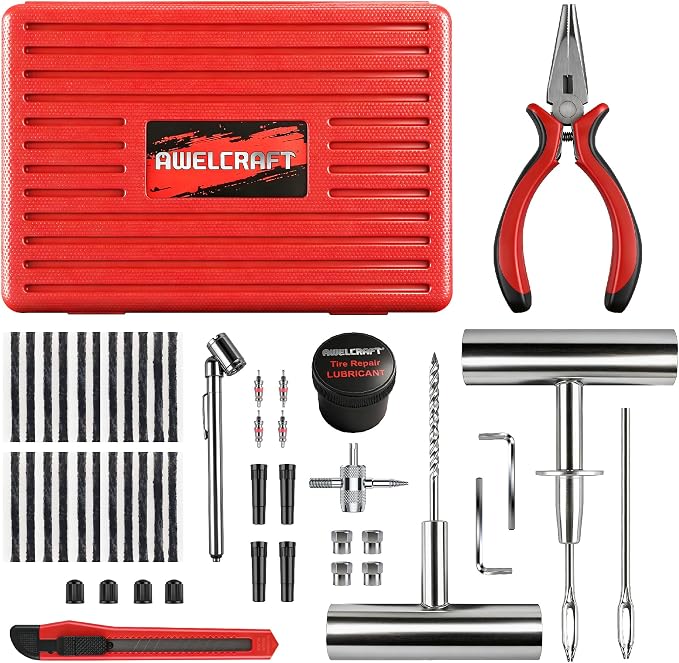 68-Piece All-in-One Heavy Duty Tire Plug Kit – Professional Tire Repair Set, T-Handle Tools, Valve Kit, 40 Plugs, Pliers, Knife – Universal for Car