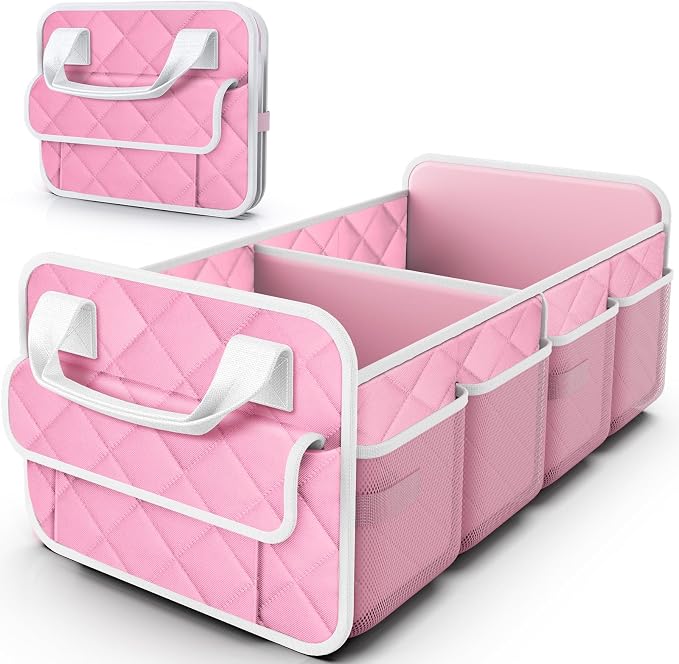 Trunk Organizer for SUV – Foldable & Portable Car Organizers and Storage with 2 Compartments, Large Capacity Car Trunk Organizer Car Accessories for Truck Sedan, Pink, 21.7" x 12.8" x 11.0"