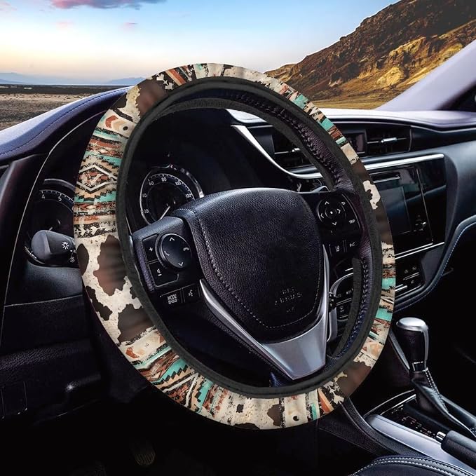Aztec Brown Cow Print Retro Auto Car Steering Wheel Cover for Women Men, Universal 15 Inch Soft Elastic Anti-Slip Easy to Install Car Accessories