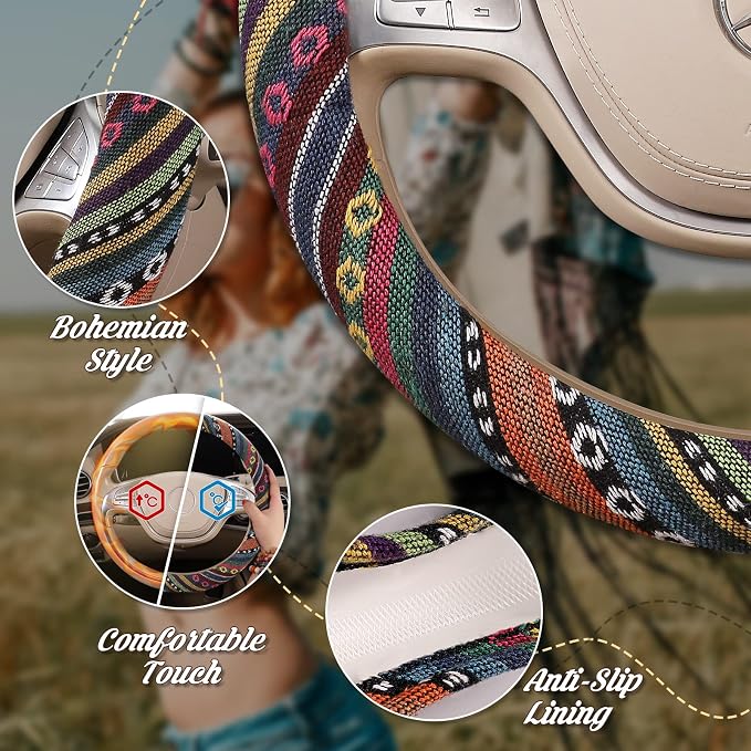 Boho Steering Wheel Cover with Baja Blanket Cloth, Ethnic Style Auto Wheel Cover Made of Coarse Flax, Fits 14 1/2-15 1/4 inches Car Wheel