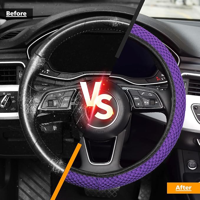 Elastic Stretch Steering Wheel Cover 15 Inch, Breathable Ice Silk Microfiber, Non-Slip Grip, Warm in Winter and Cool in Summer, Odorless, Car Accessories Fit Cars, SUVs, Purple