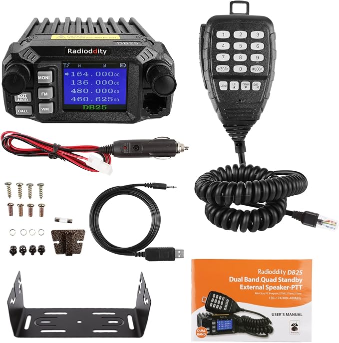 DB25 Pro Dual Band Quad-Standby Mini Mobile Car Truck Radio, 4 Color Display, 25W Vehicle Transceiver with Cable + High Gain Quad Band Antenna