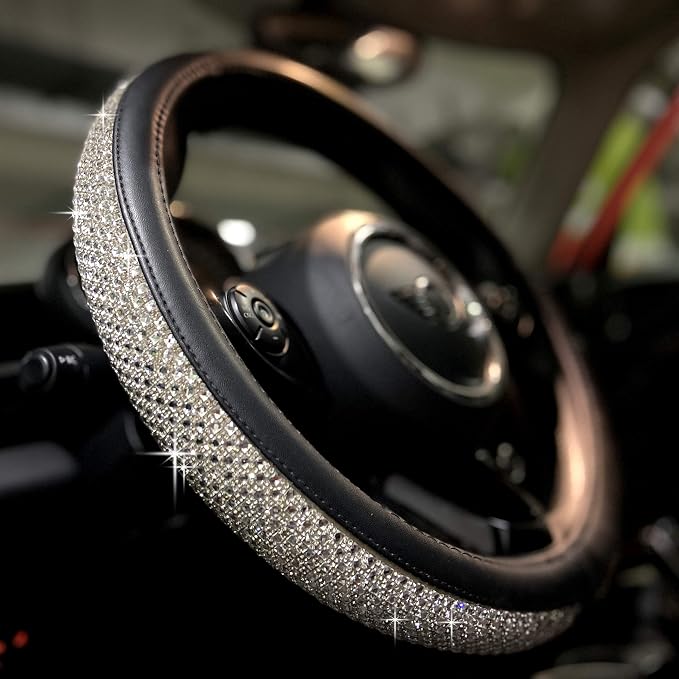 Large Size Bling Comfy Steering Wheel Cover with Jumbo Crystal Rhinestones, Anti-Slip Diamond Leather, 15.5-15.75 Inch (Silver)