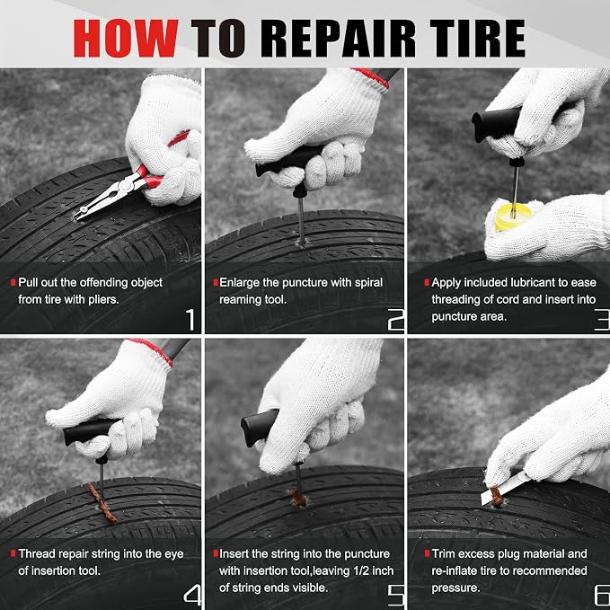 10-Piece Economical Tire Repair Kit – Flat Tire Plug Kit with T-Handle Tools, Storage Case – Fix Punctures Fast, – Ideal for Car, Truck, Motorcycle, ATV