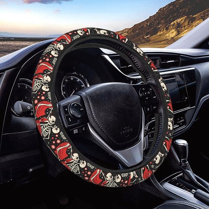 Skull Skeletons Fall in Love Dancing Steering Wheel Covers Anti-Slip Elasticity Car Accessories Steering Wheel Protector Universal 15 Inch for Cars SUV Vehicle Truck