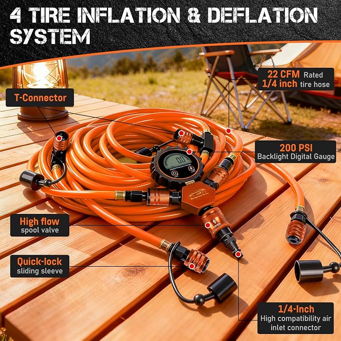 4 Tire Inflation Deflation System W/300PSI Digital Pressure Gauge | Fits up to 200" Wheelbase, Plastic Carry Box & Heavy Duty Hoses, Fits Truck, Car, Trailer, Motorcycle Offroad Vehicles,Orange